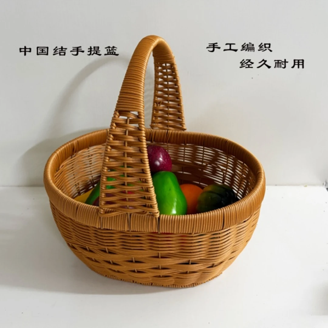 L33仿藤新款编织水果篮鸡蛋手提菜篮子手工野餐收纳采摘购物篮
