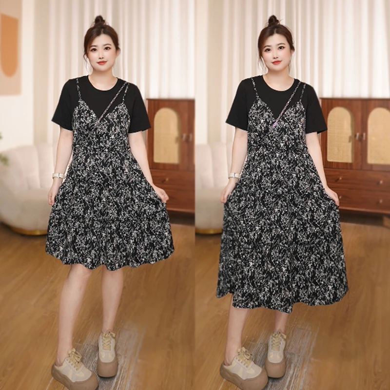 《哆啦》雪纺碎花假俩件吊带裙收腰显瘦大码女装胖妹妹连衣裙525100