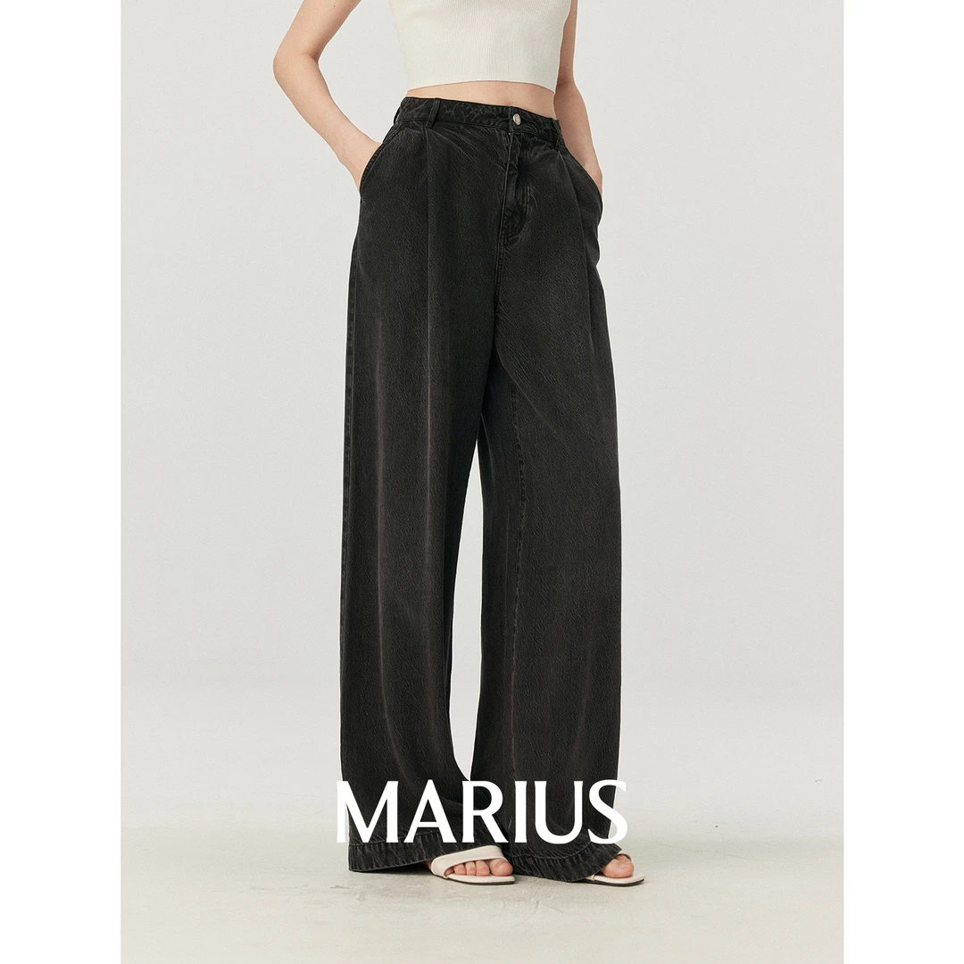 MARIUS“甩甩牛”莱赛尔天丝复古做旧感翻褶直筒牛仔裤