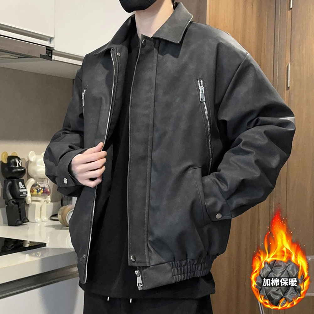 JUJUPS秋冬美式复古皮衣夹克外套男款潮牌痞帅机车男生加棉外套