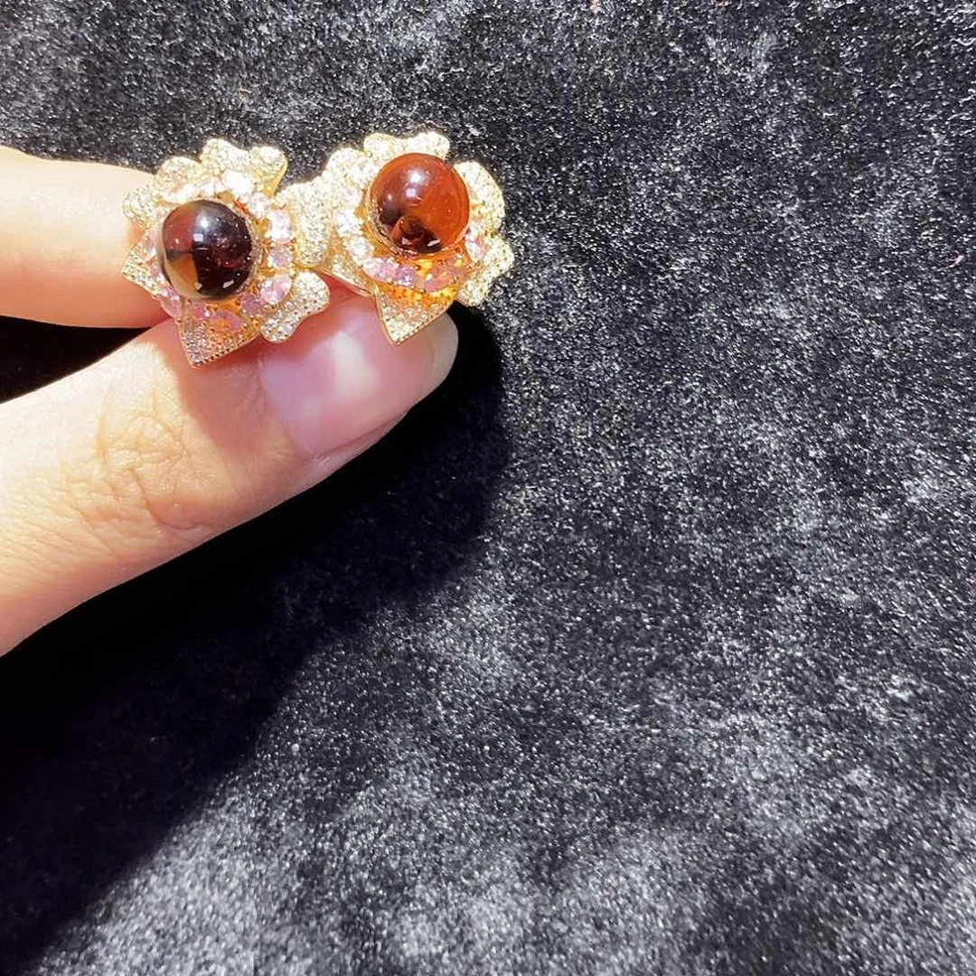 蓝珀银S925镶嵌珠宝奇石耳钉