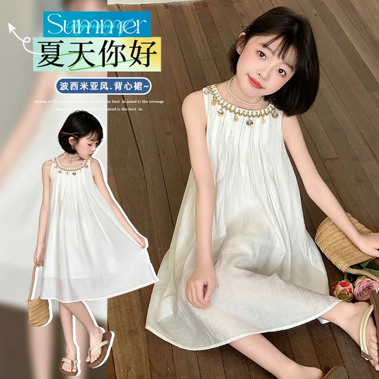 连衣裙甜美夏季纯色纯色女童中大童