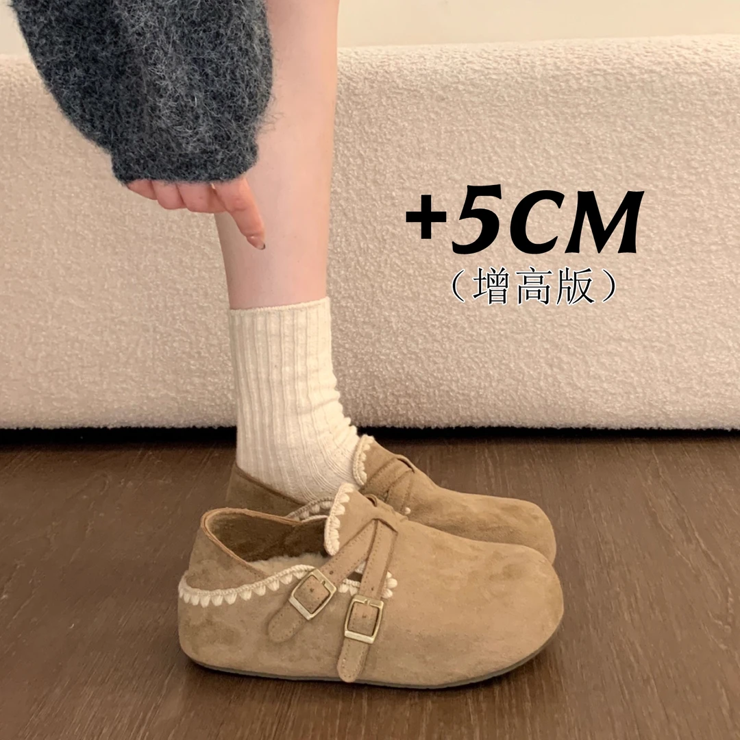 两穿厚底全包加绒勃肯鞋女2025秋冬新款一脚蹬内增高保暖棉鞋单鞋