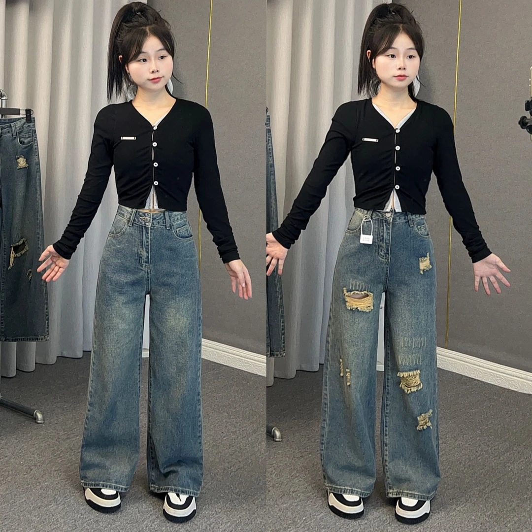 小个子女复古蓝阔腿牛仔裤新款拖地裤宽松慵懒显瘦高腰直筒阔腿女