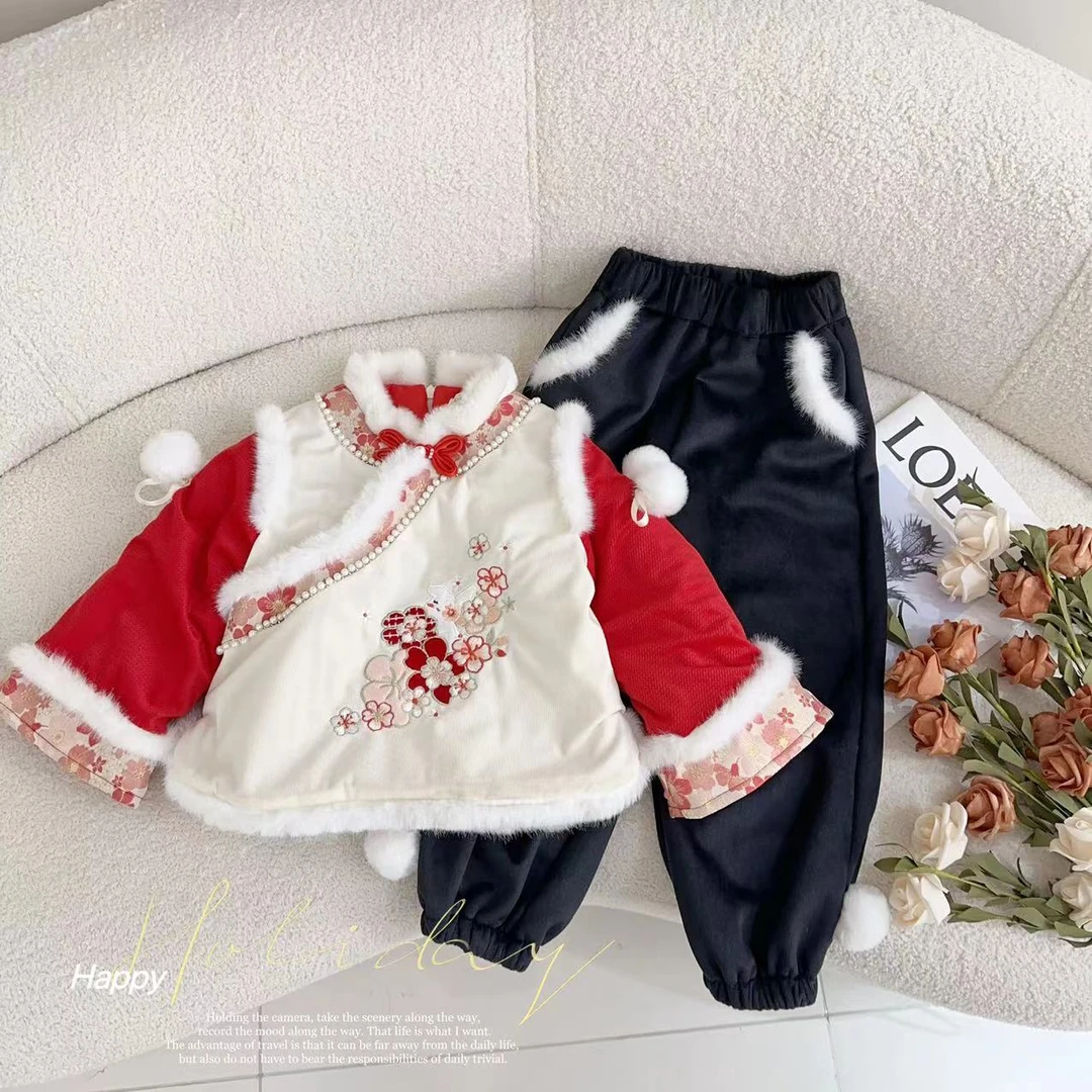 汤圆家童装2025新款国风重工刺绣加棉套装 XA-614