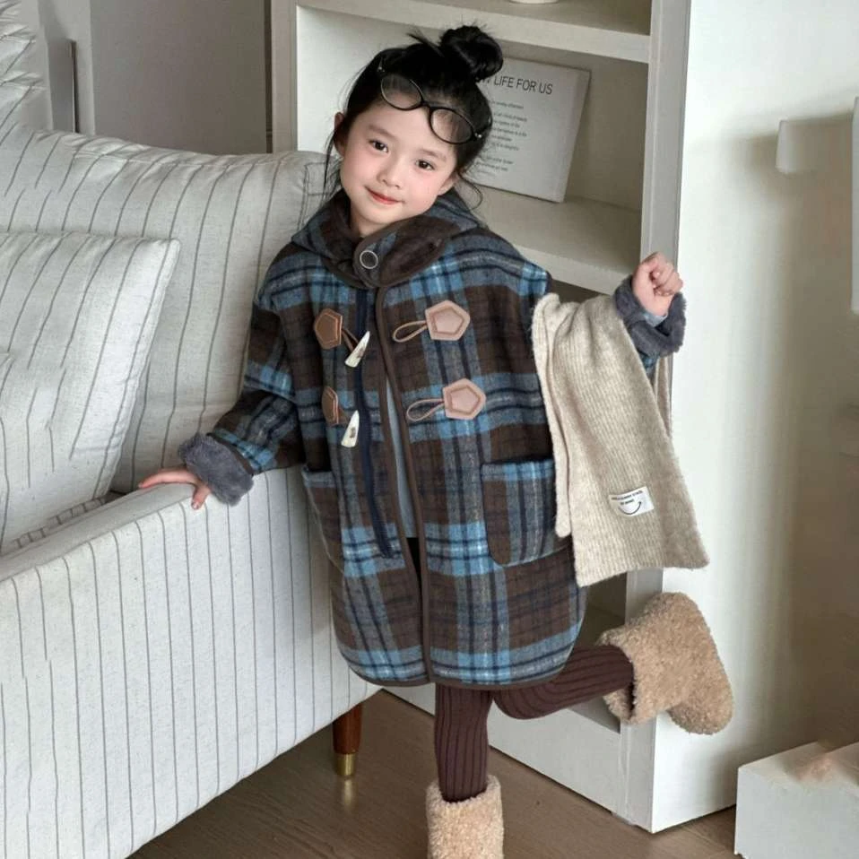 范哲萨韩国女童加绒连帽格子大衣2025冬季新品宝宝洋气长款一体绒