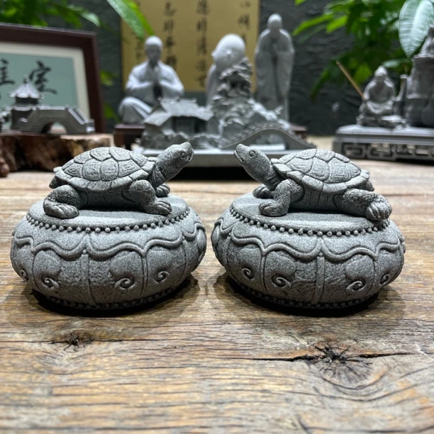 青砂石灯笼石鼓一对+乌龟一对鱼缸造景茶室装饰摆件