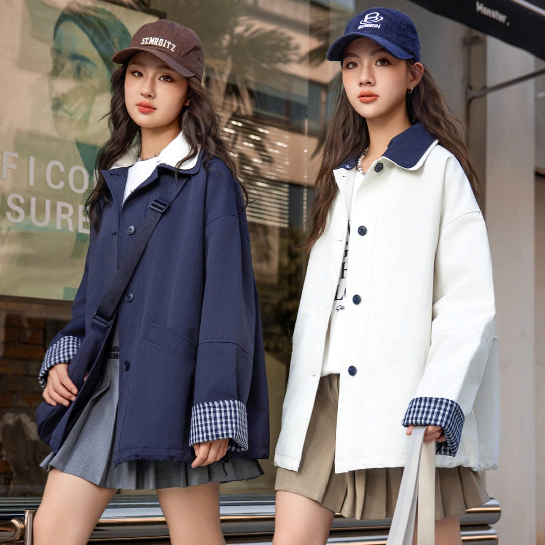 初中生风衣外套少女大童春秋2025新款洋气青少年中长款格子拼接潮