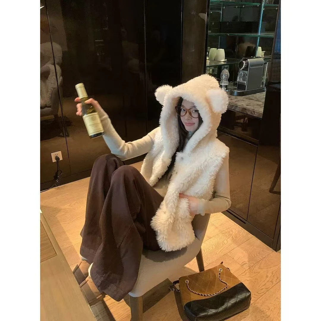 【欣欣家】马夹女可爱小熊耳朵马甲连帽毛毛外套坎肩背心三件套套装