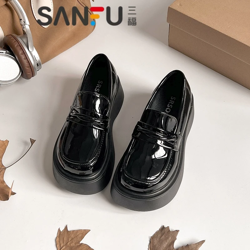 三福法式松糕厚底小皮鞋女2025秋季新款黑色英伦风百搭增高乐福鞋