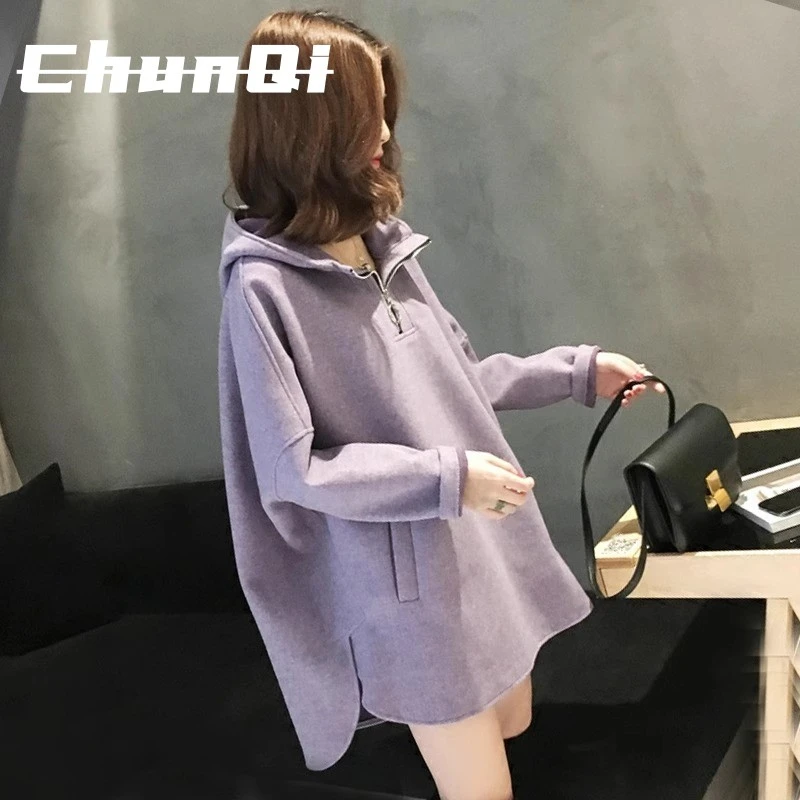 淳启慵懒风长袖连帽卫衣女秋冬大码女装宽松中长款遮屁股上衣潮流