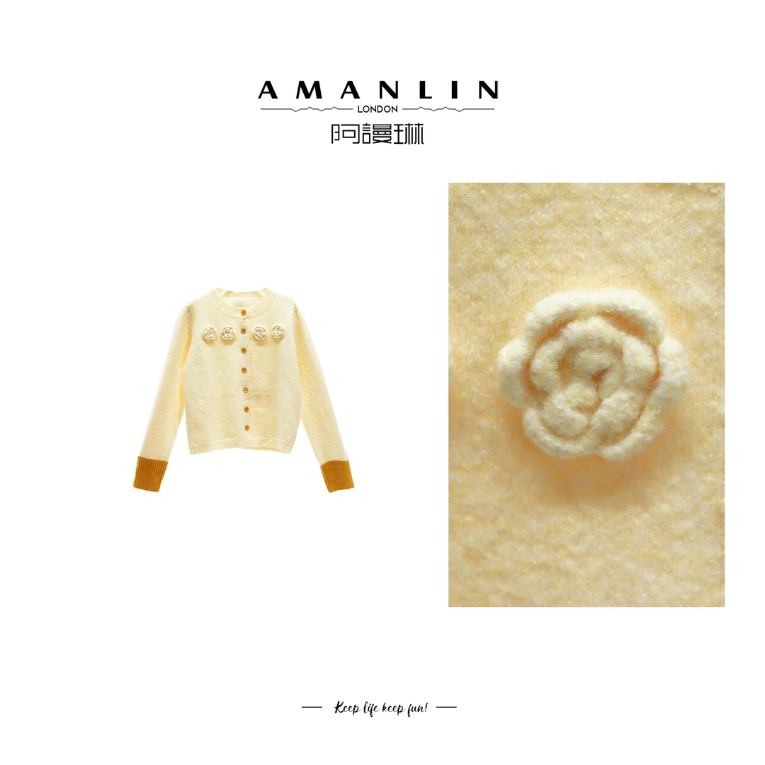 【AMANLIN】秋冬设计感显瘦修身撞色拼接百搭开衫针织上衣F595022