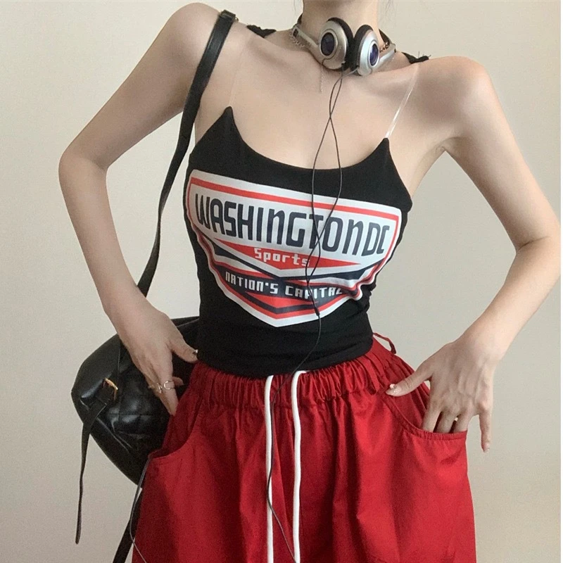 #美式辣妹隐形肩带印花吊带背心显瘦带胸垫短款无袖紧身上衣