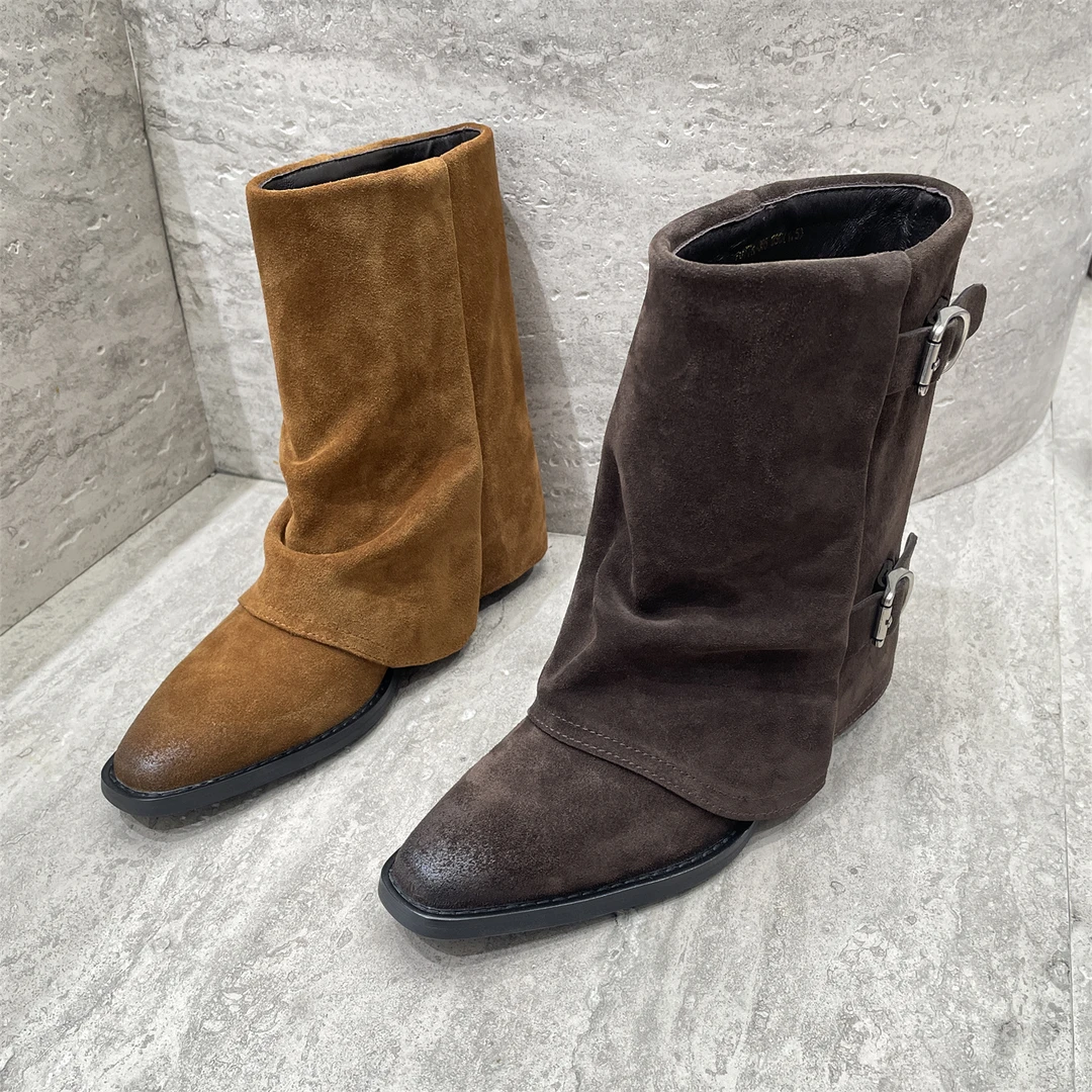 欧洲站2025秋季新品真皮女鞋时尚复古磨砂皮圆头粗跟套筒复古中靴