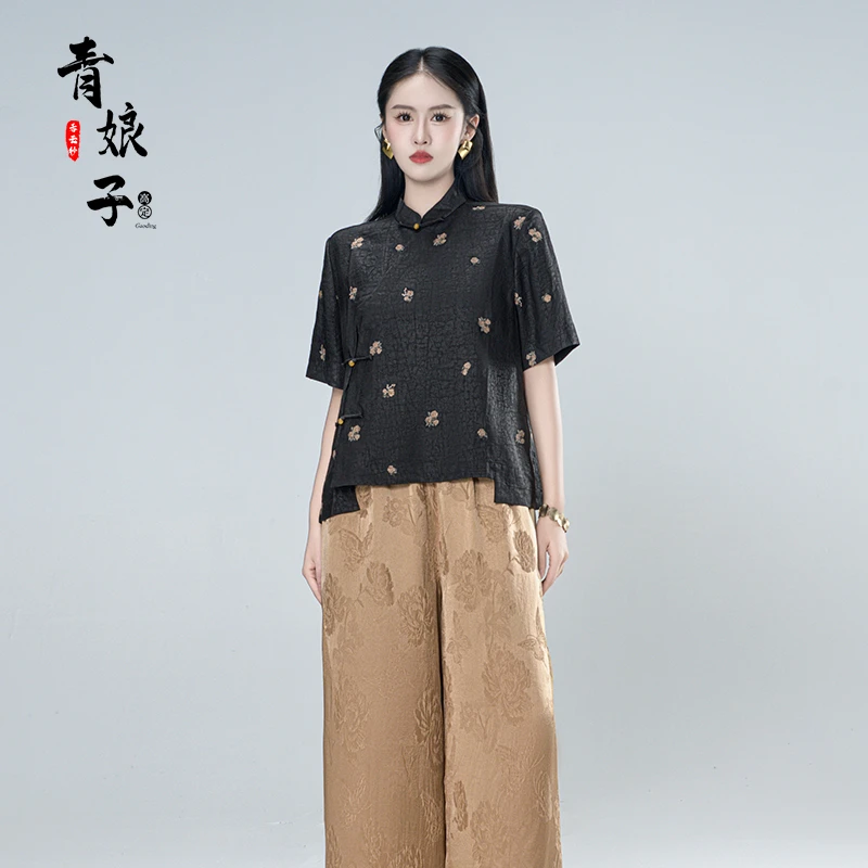 青娘子-香云纱（知画）龟裂纹刺绣百搭国风上衣60505