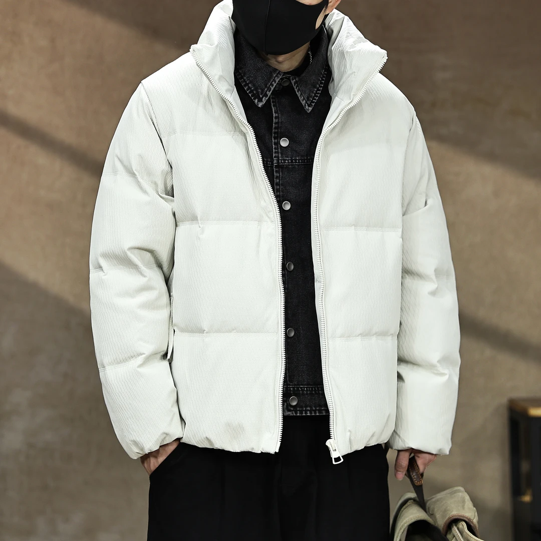 90鸭绒美式假两件羽绒服男士冬季加厚保暖牛仔拼接羽绒外套面包服