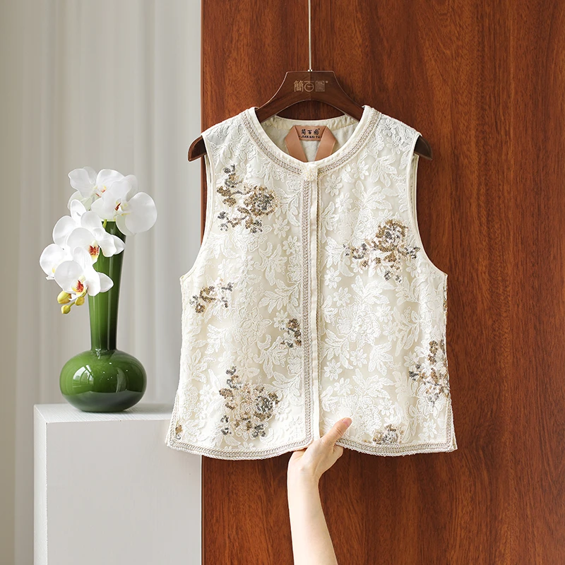 简百图-VV【花想容】新中式象牙白蕾丝亮片金丝线包边开叉马夹