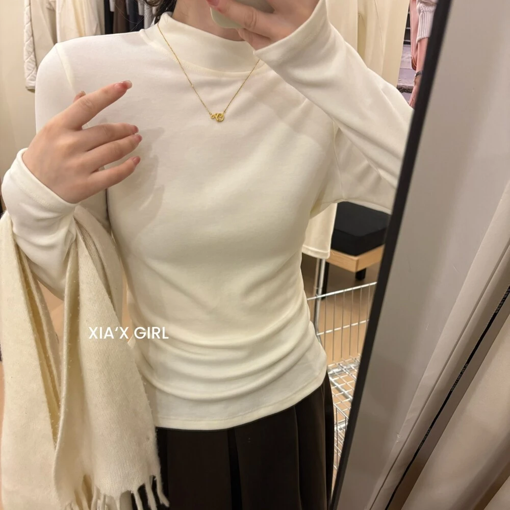 新款自发热磨毛纯色保暖立领半高领修身显瘦长袖打底衫