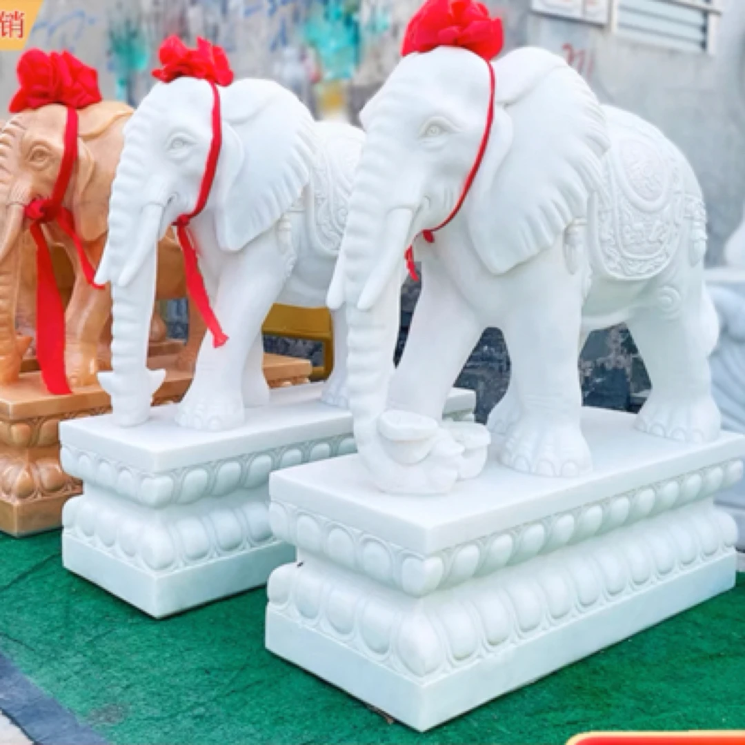 石雕小象一对汉白玉青石家用门口摆件别墅庭院看门吸水小石象