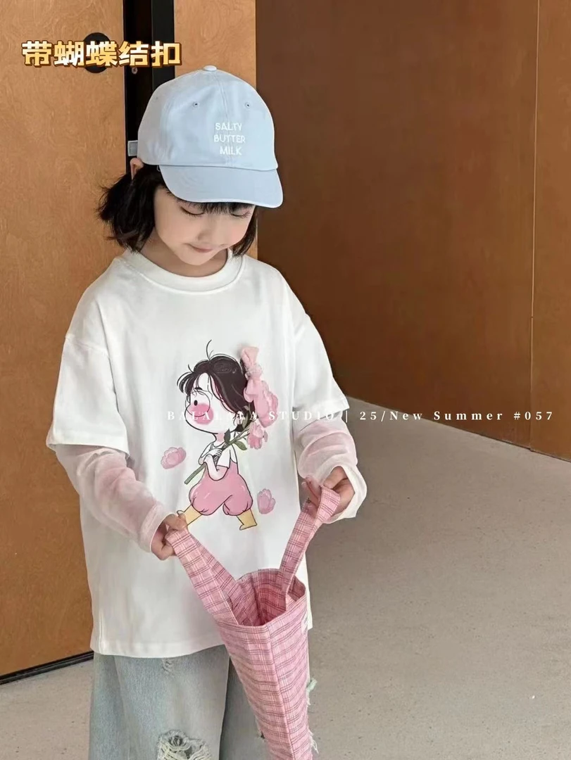 卡通风夏季套头女印花薄款套装春秋蝴蝶结童装假两件女童