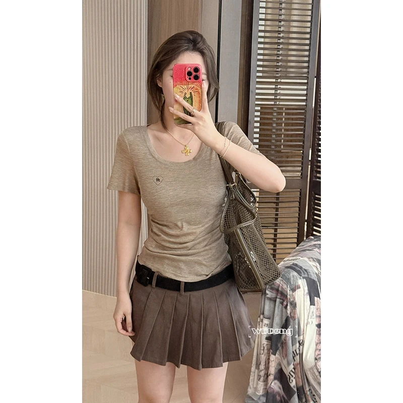 简约式百搭圆肩t恤女2025夏季新款定制印花针织小众休闲短袖上衣