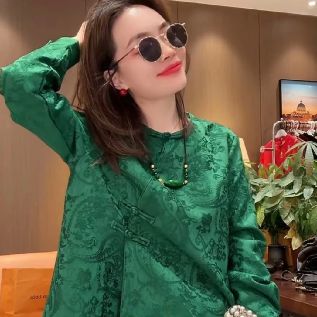 新中式国风提花盘扣2025新款宽松圆领复古时尚网红长袖衬衫上衣