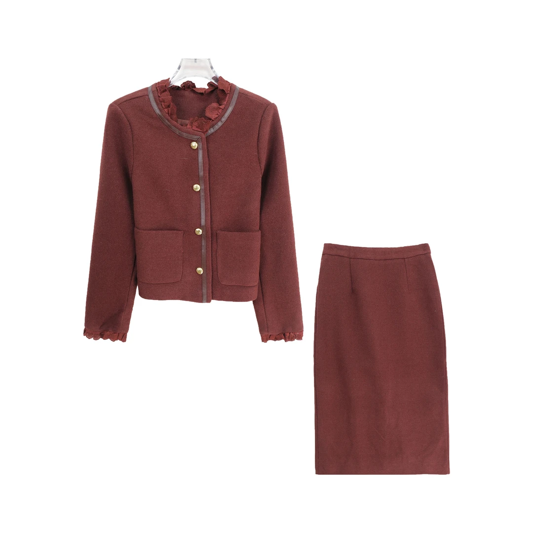 S木耳领正肩短款上衣高腰气质半身裙套装S5338