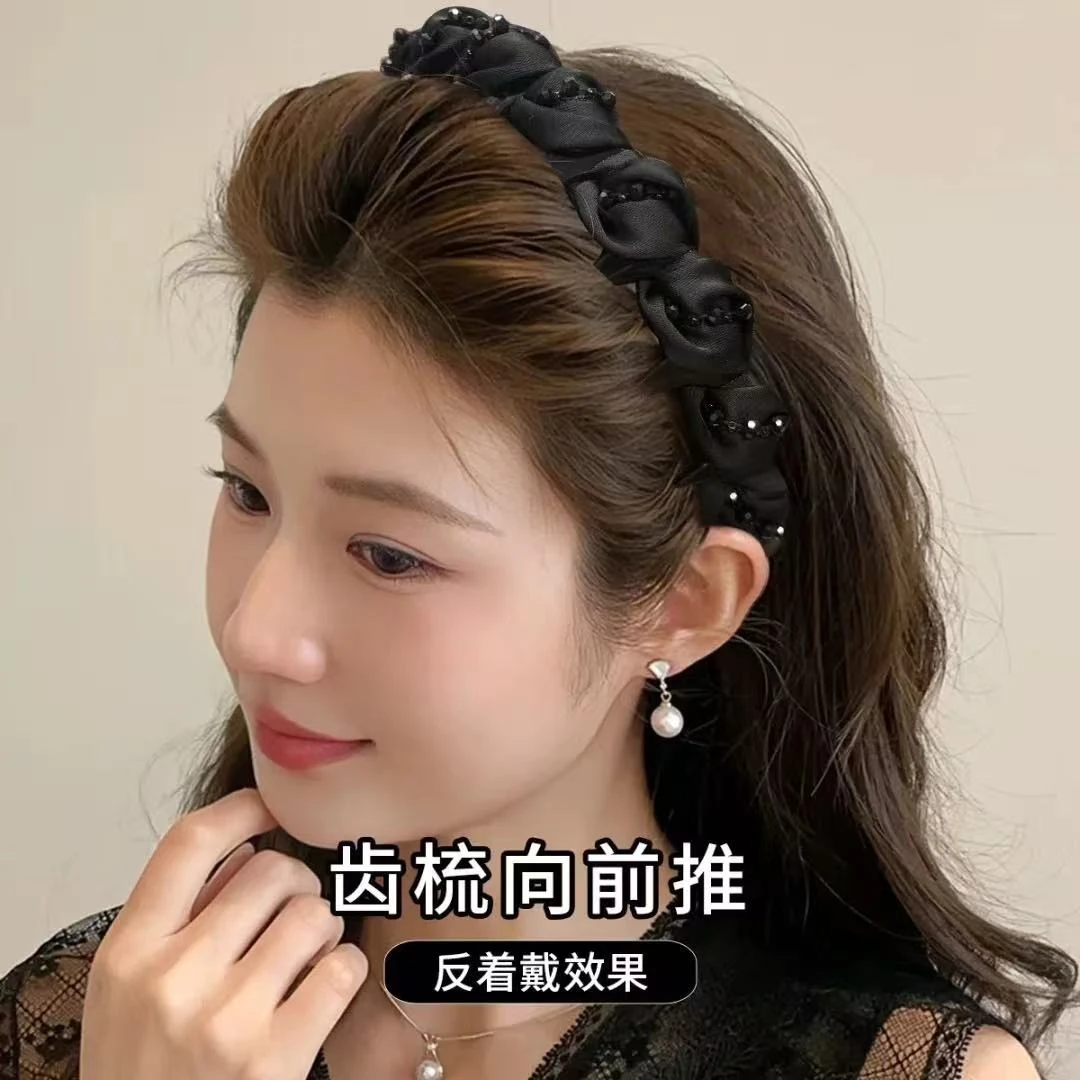 女士发箍日常款高颅顶一秒定型串珠布艺百搭长齿防滑发箍头箍发饰