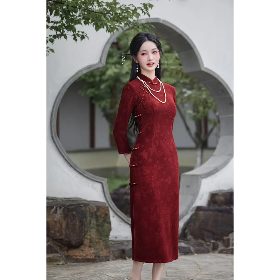 纯色提花新中式国风旗袍女款爆款2025秋季新款显瘦时尚女装连衣裙