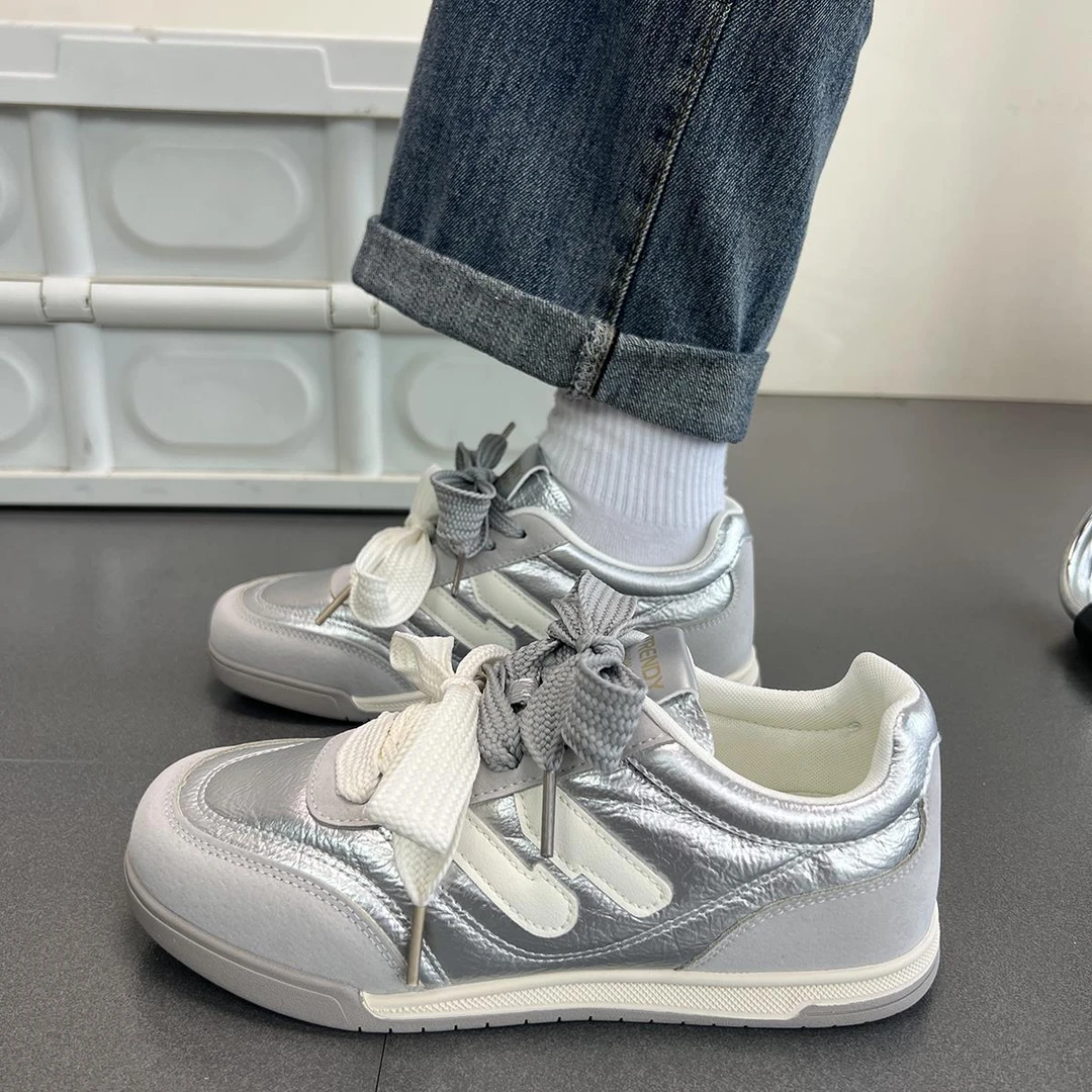 国潮小众银色复古德训鞋女百搭厚底阿甘运动鞋子休闲板鞋