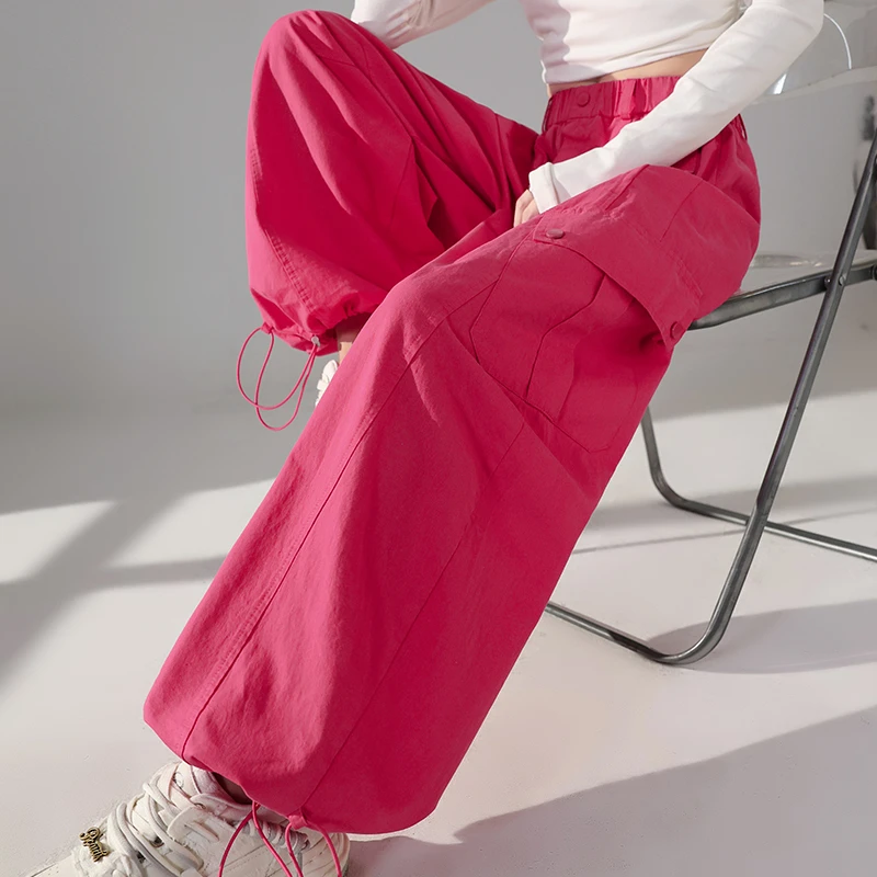 火龙果色美式工装弯刀裤女秋又A又飒爵士舞裤阔腿运动裤高腰宽松