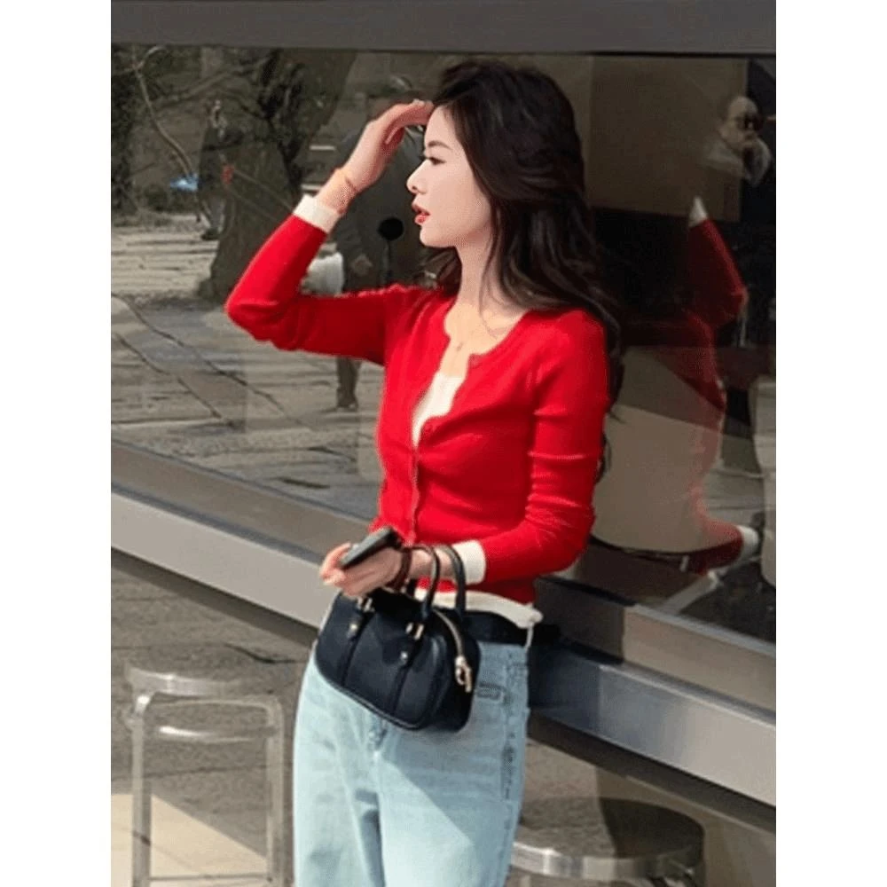 早秋穿搭假两件针织衫女秋装女款年新款初秋长袖开衫针织上衣