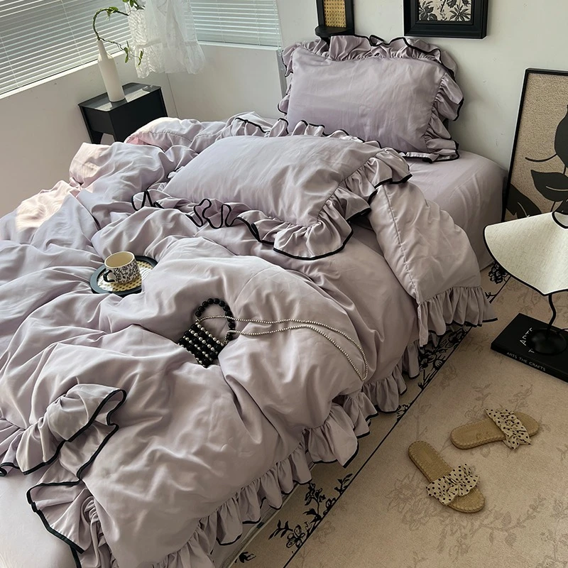 韩版公主风纯色冰丝四件套花边设计三件套少女心床上用品