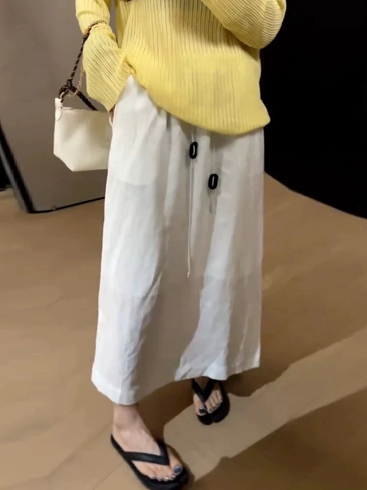深圳南油2025夏季亚麻垂感显瘦半身裙休闲伞裙过膝抽绳高腰宽松夏