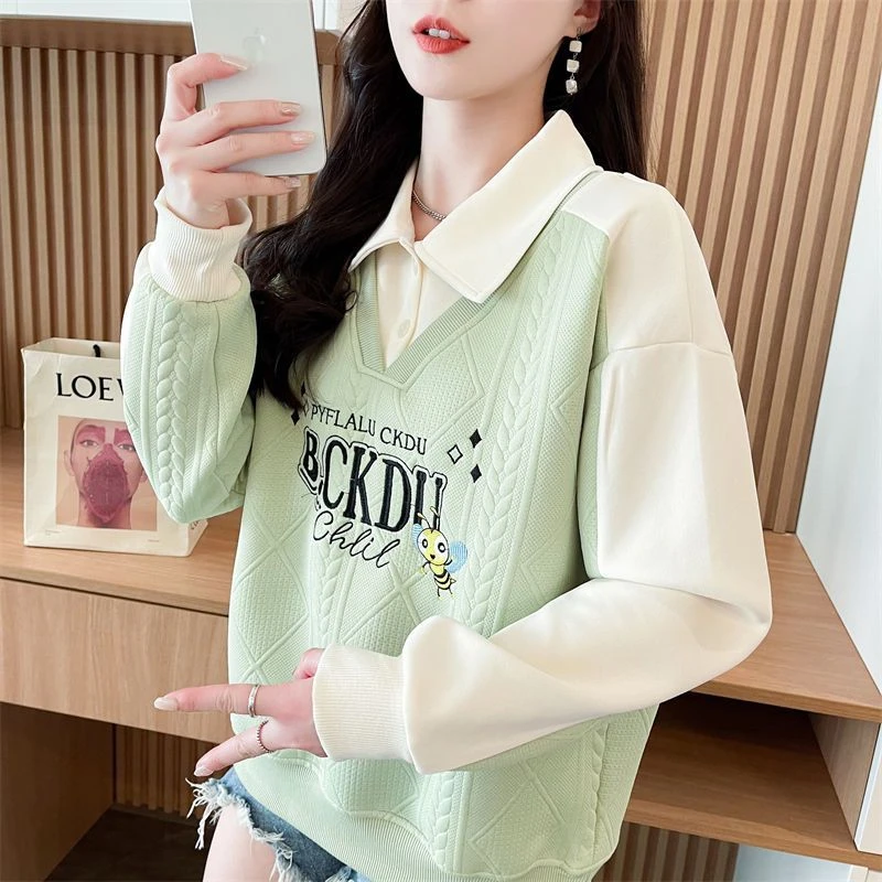 学院风撞色假两件翻领polo衫薄款卫衣女韩版宽松春秋新款百搭上衣