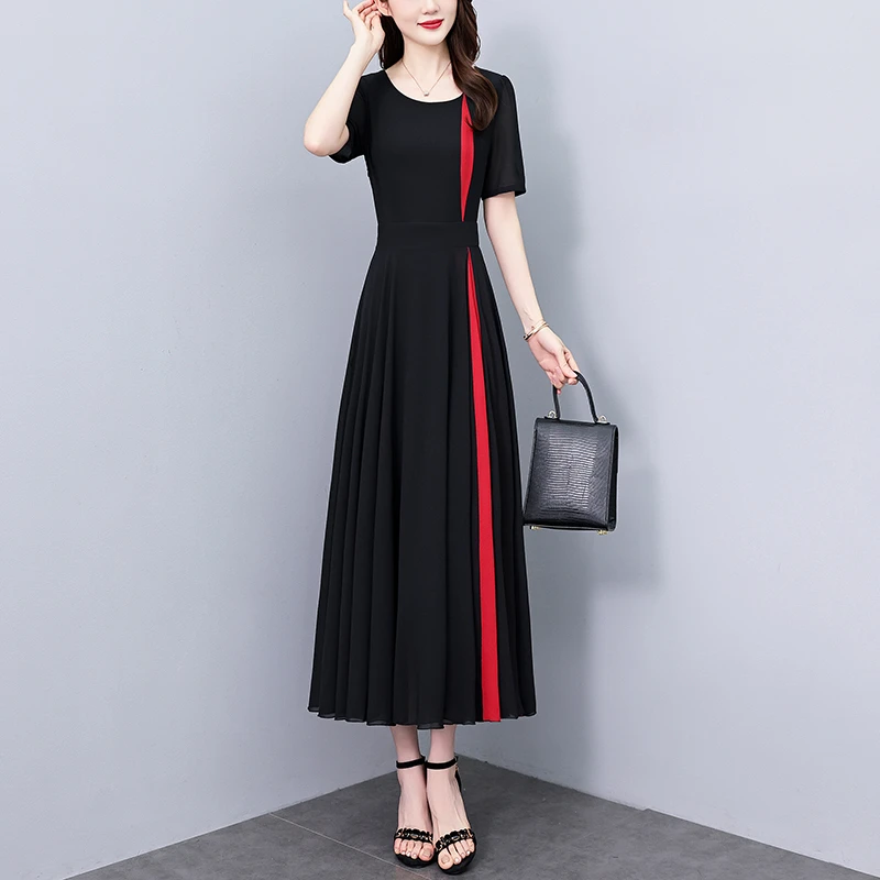 广州十三行裙子拼色真丝连衣裙2025新款夏季长款修身显瘦洋气长裙