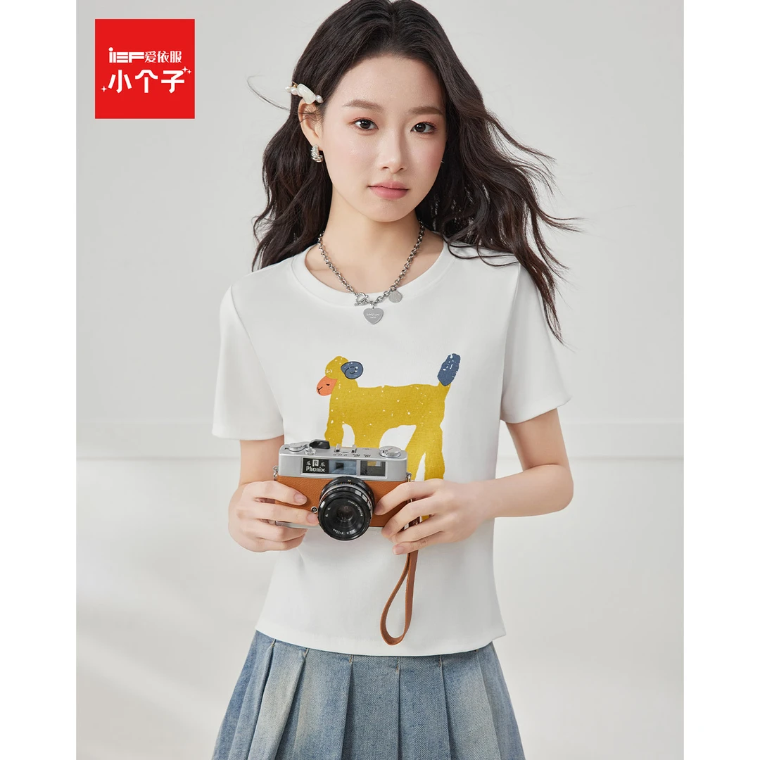 IEF/爱依服2025夏季新款通勤正肩可爱字母短款基础显瘦女百搭T恤