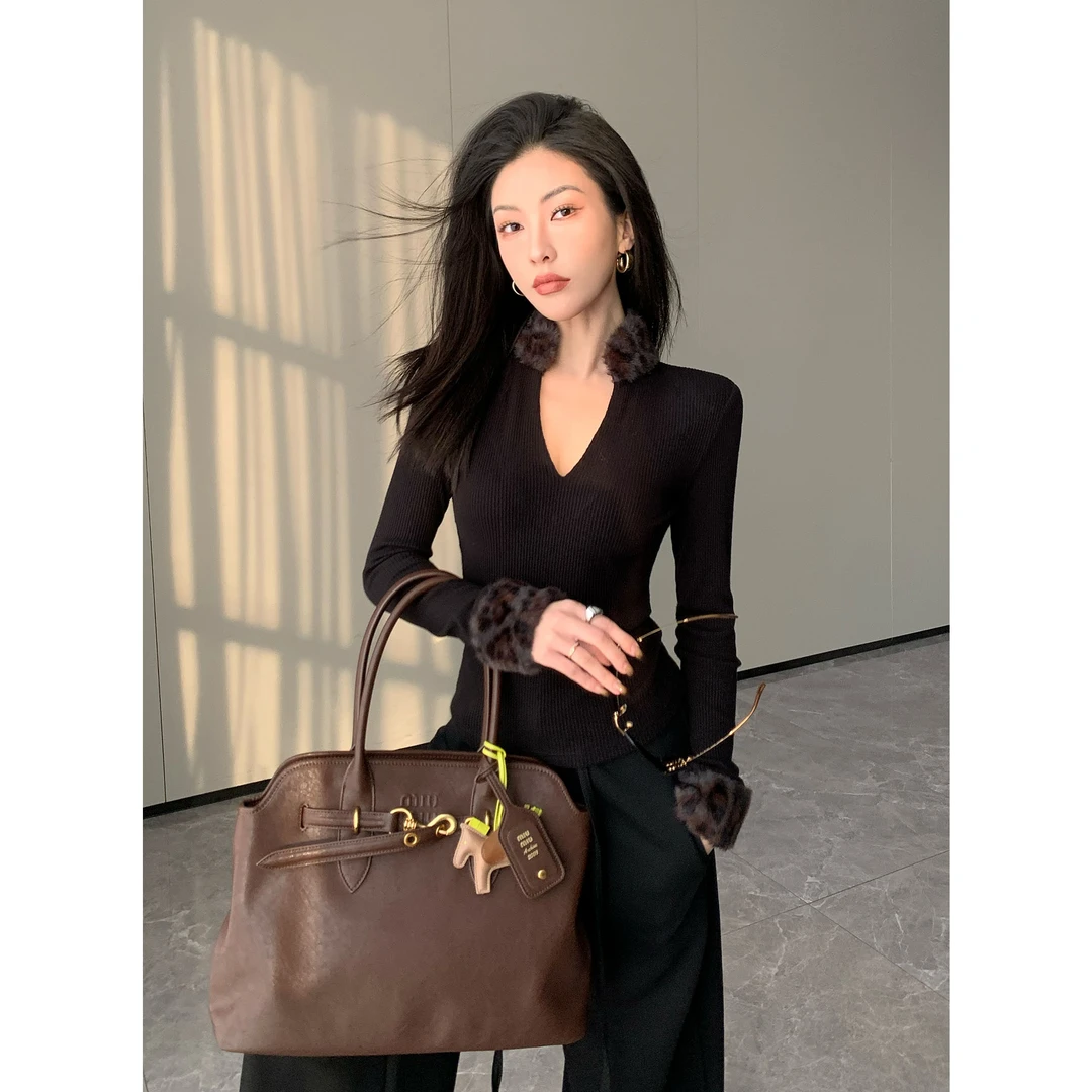 JIJINQI时尚百搭显瘦长袖复古辣妹v领修身针织衫上衣 JC12SZPT734