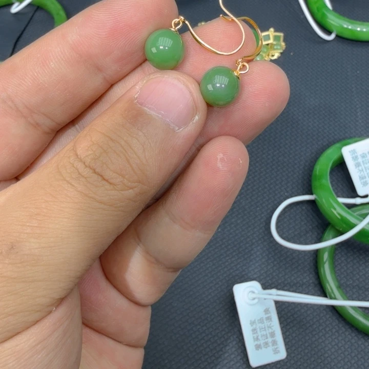 和田玉（碧玉）耳饰银S925镀金镶嵌