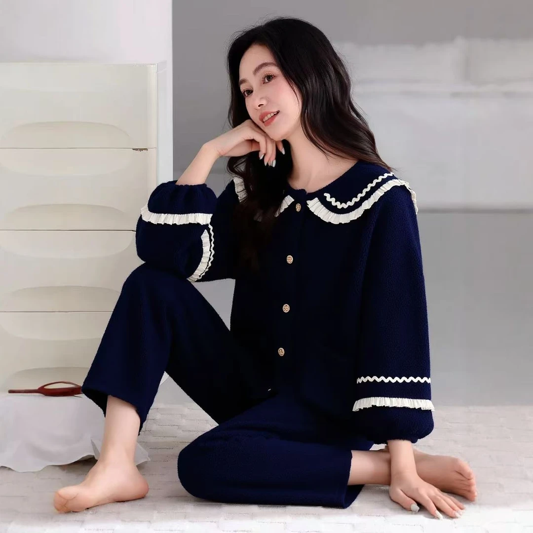 秋冬季新款法兰绒加绒加厚保暖开衫睡衣女士冬天厚款甜美风家居服