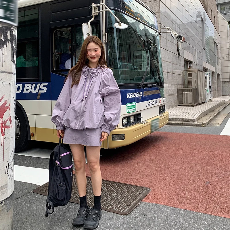 抽绳冲锋衣半身裙长裤套装女宽松外套短裙春夏韩版休闲裤两件套