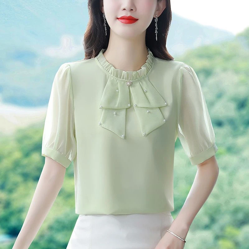 雪纺衬衫女上衣夏季短袖新款别致漂亮洋气小衫宽松遮肚子纯色上zx