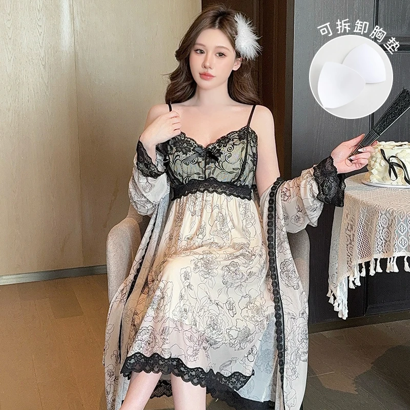 2025女士春夏新款睡衣女网纱性感家居服火辣夏季长袖薄款女人套装