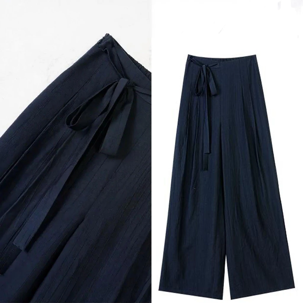 【桃花褶冰垂裤】专柜时尚轻奢气质舒适后松紧腰绑带高腰阔腿裤子女