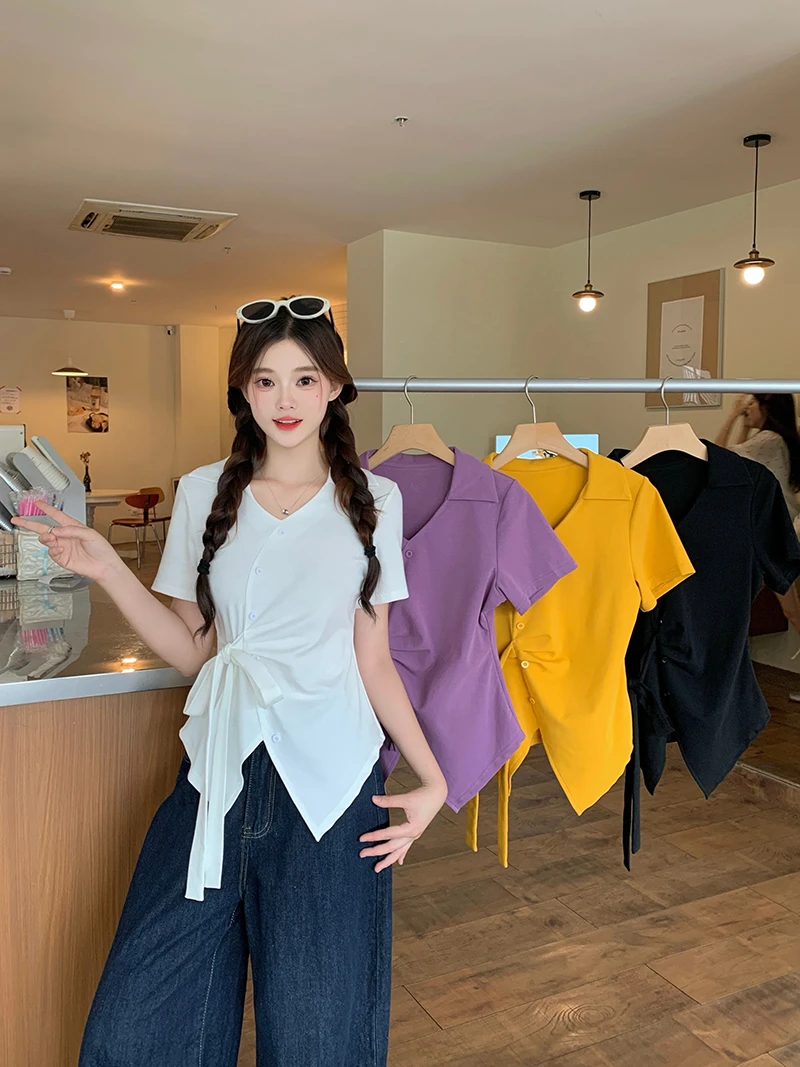 2025夏装新款胖mm大码女时尚设计感v领绑带不规则短袖T恤A1845