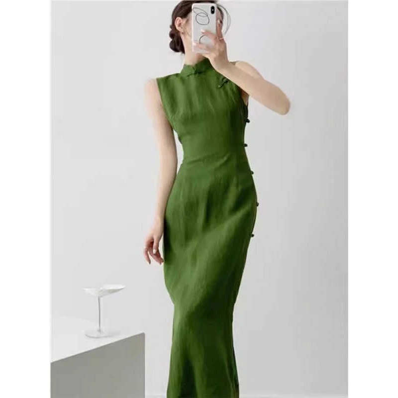 【9845】新中式绿色连衣裙女新款高级感气质收腰无袖旗袍日常长裙