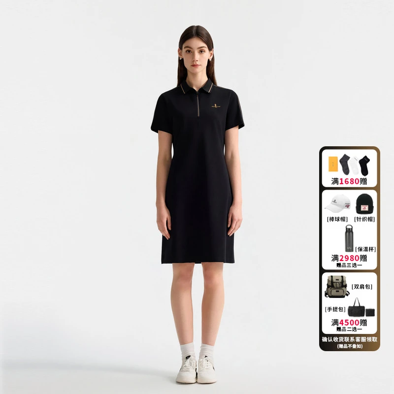 【柔软挺括】2025春夏新款女士休闲织带拼接亲肤POLO领连衣裙百搭
