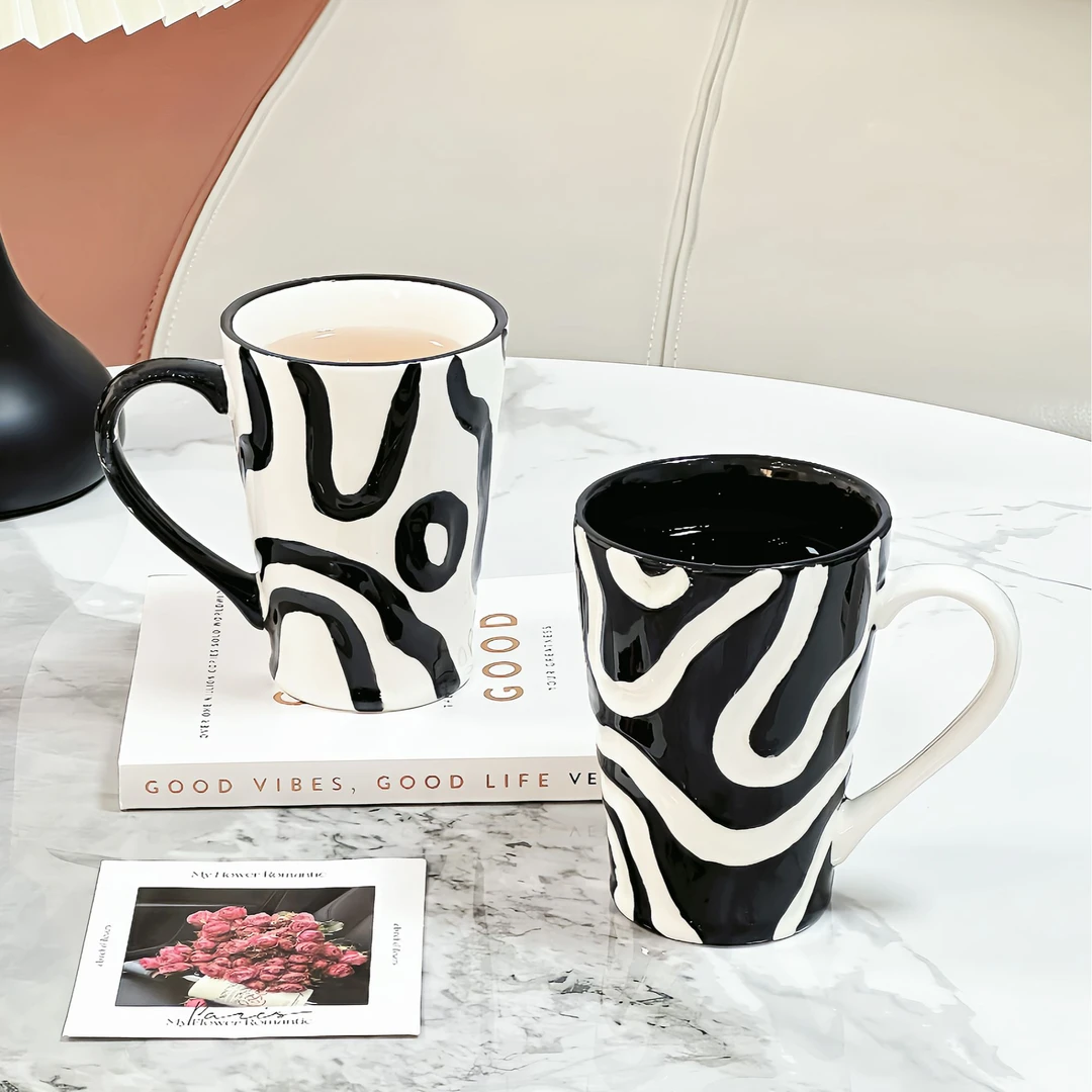 创意个性图腾杯家用小众设计陶瓷马克杯带手把咖啡杯对杯情侣杯子