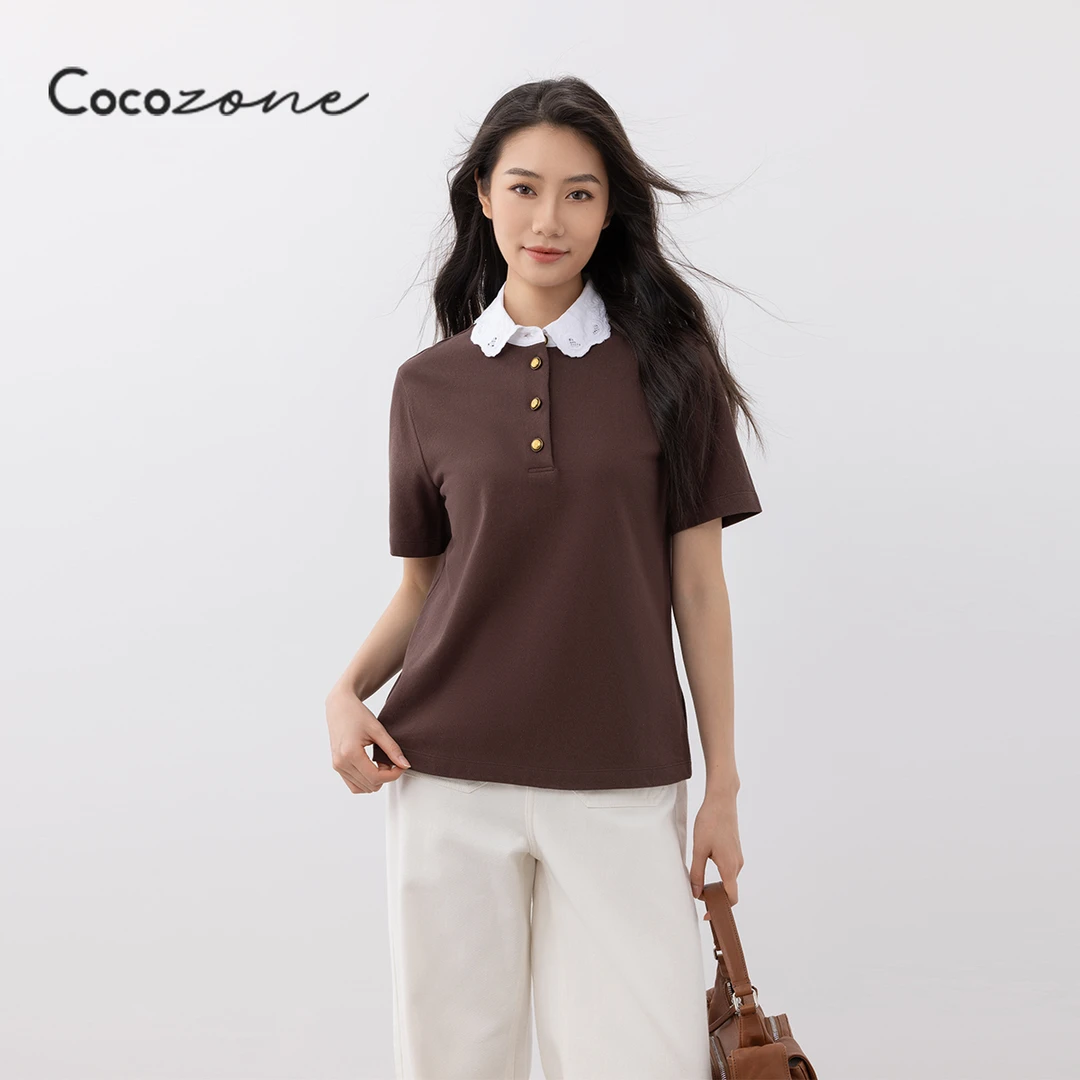 COCO ZONE 刘一一新款撞色蕾丝花边翻领短袖T恤ACD2A0646