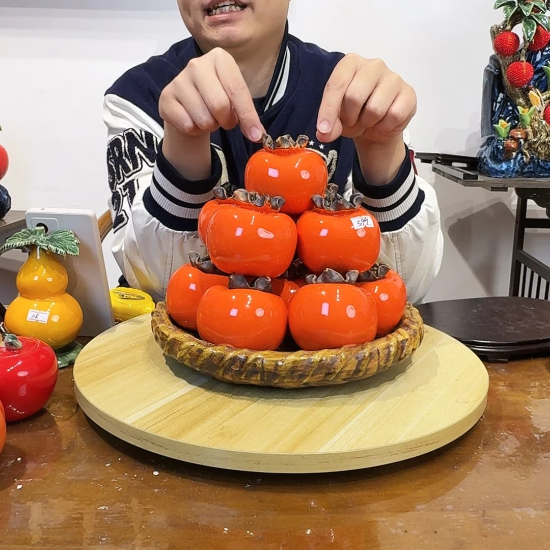 陶瓷柿子篮12果摆件